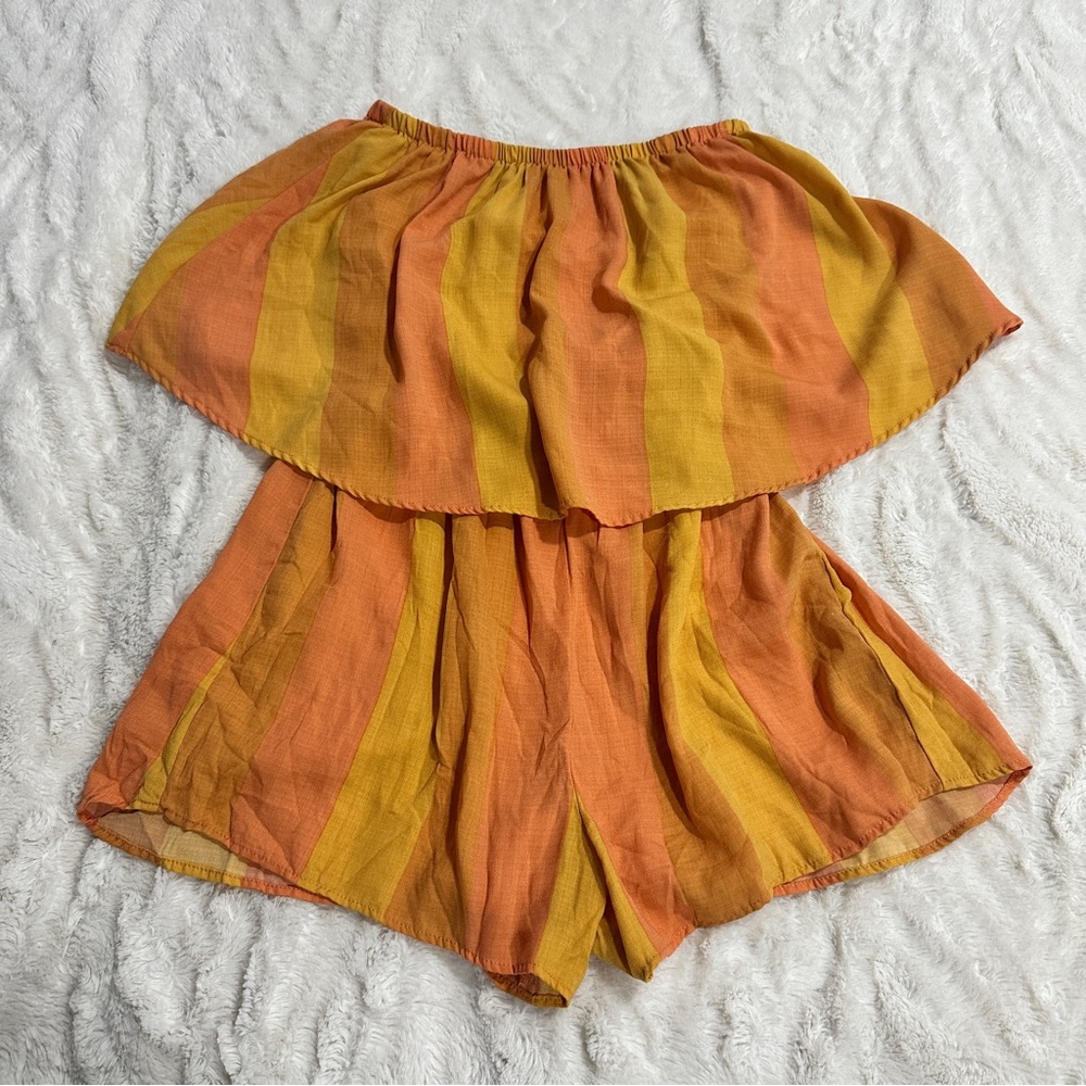 Show Me Your Mumu XS Romper Thelma Sunkissed Stripe Strapless Orange Yellow - Picture 5 of 10